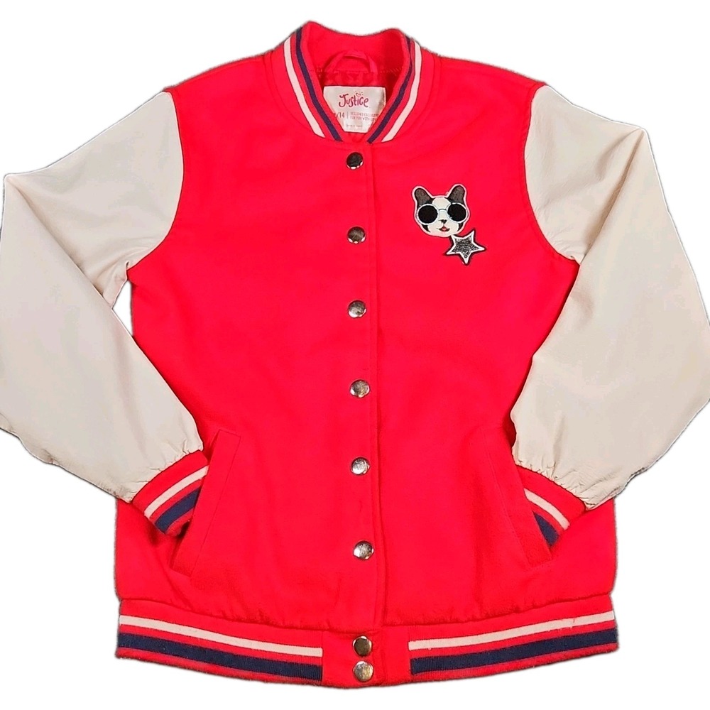 Justice Girls Varsity Bomber Jacket 12/14 L Red Cream Girl Squad Cat Sequin Coat